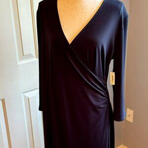 Lark & Ro 3/4 Sleeve Crepe Knit Faux Wrap Dress, Black, Size 16, NWT